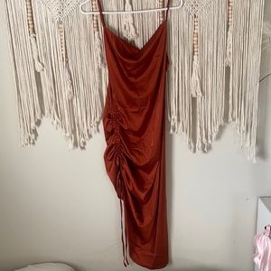 orange red rust colored silk asymmetrical dress w/ adjustable tie for length